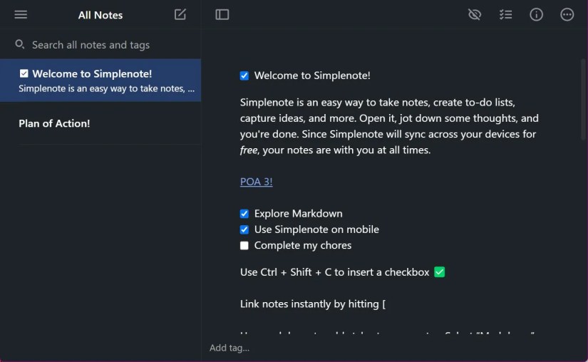 Simplenote introduction of features note page