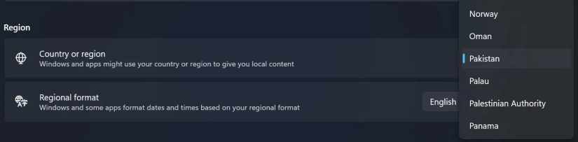 Select Your Region From the Region Dropdown Menu in the Windows Settings App