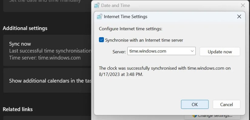 Select the Correct Server in the Internet Time Settings Window