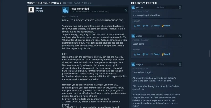 A Baldur’s Gate 3 review on Steam recommending the game to other players
