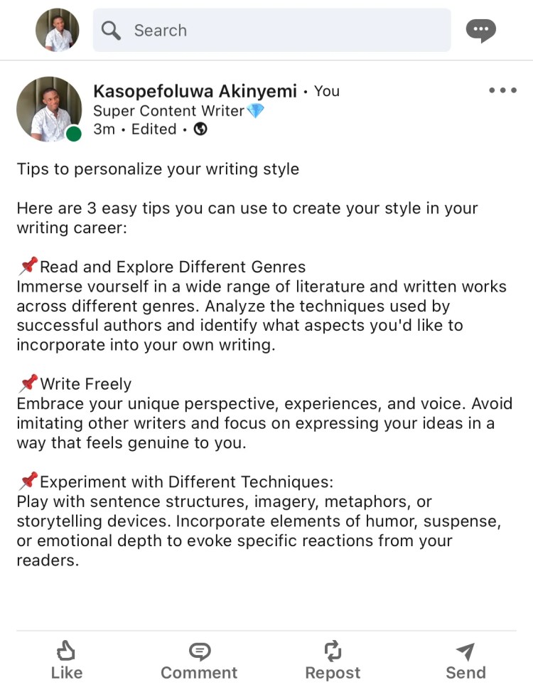 A LinkedIn post showing bullet points in front of headers