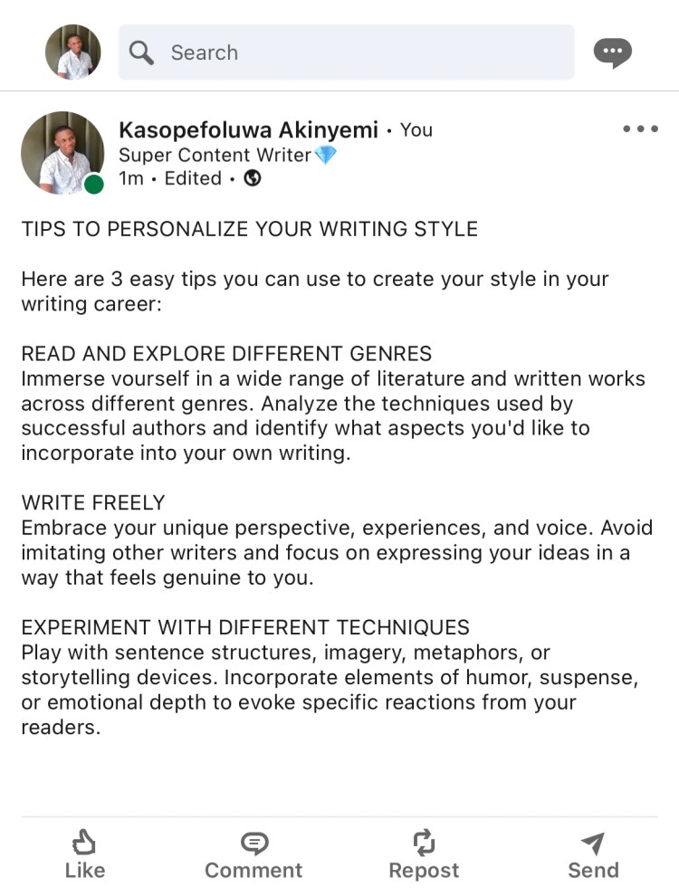 A LinkedIn post showing headers in uppercase