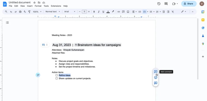 Adding a comment to assign action items