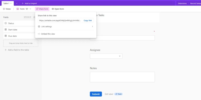 Screenshot of Airtable showing a Form view