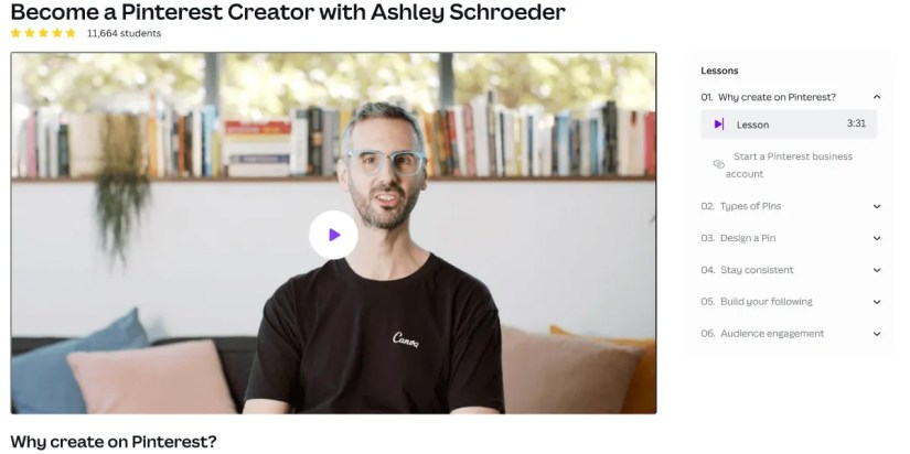 Canva Design School Pinterest course with lesson one open