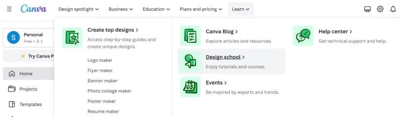 Canva main page direction to Design School