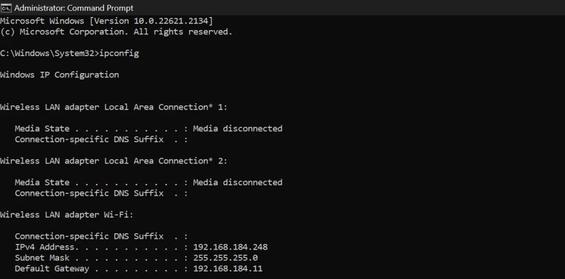 Check the Default Gateway IP Address in Windows Command Prompt