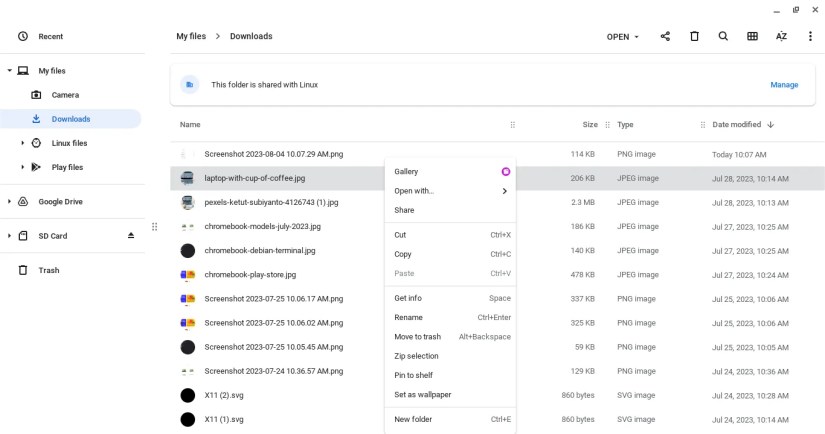 Chromebook Files context menu showing delete option