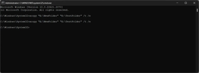 command prompt xcopy copy folder structure without files