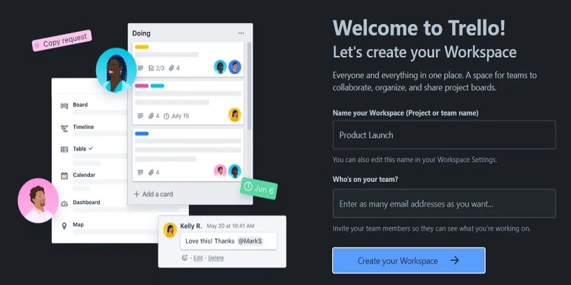“Welcome to Trello” page inviting to create your workspace