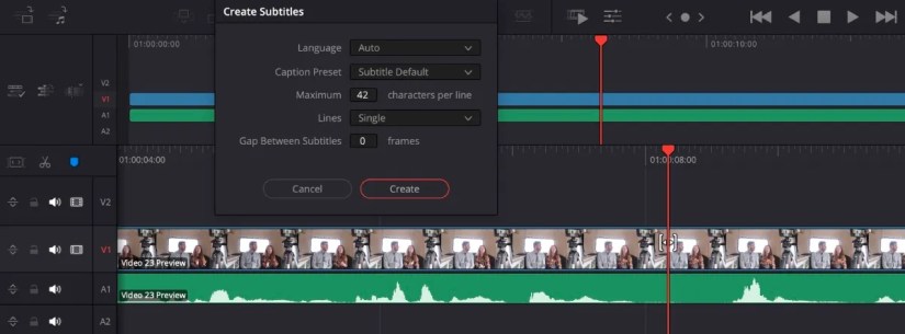 DaVinci Resolve cut page create subtitles options open