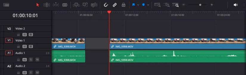 DaVinci Resolve ripple delete of gap