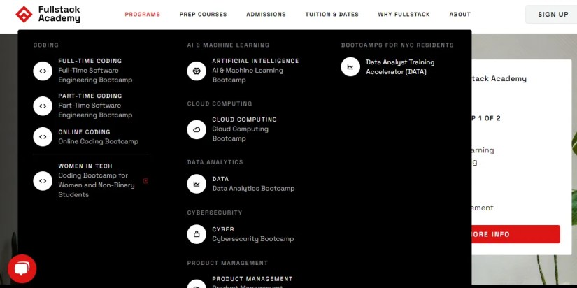 Dropdown menu of programs offered by fullstack academy
