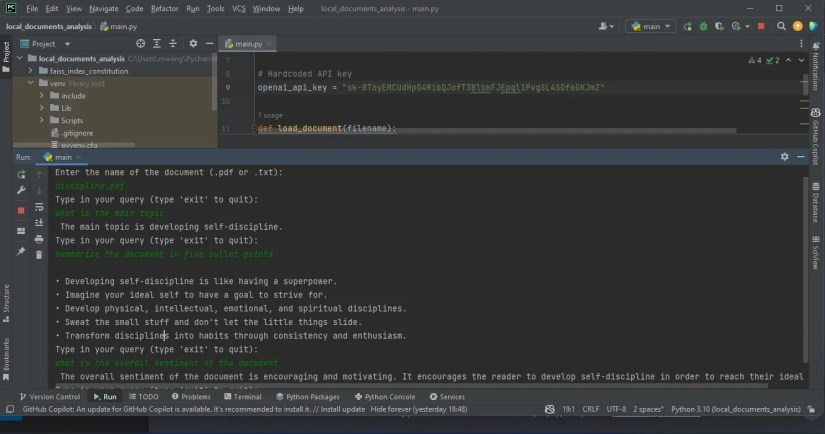 Results of analyzing a PDF file through querying on a terminal