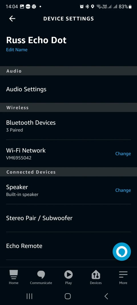 the device settings in the Alexa app