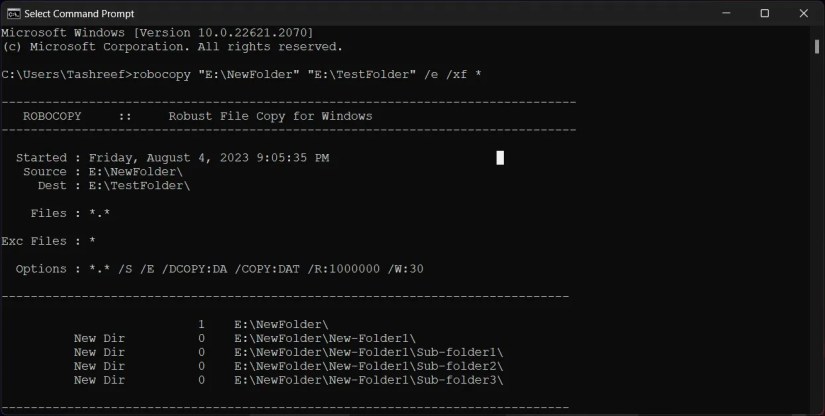 robocopy duplicate folder structure without files
