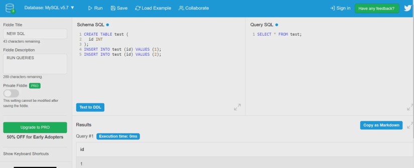 Running queries on DB fiddle