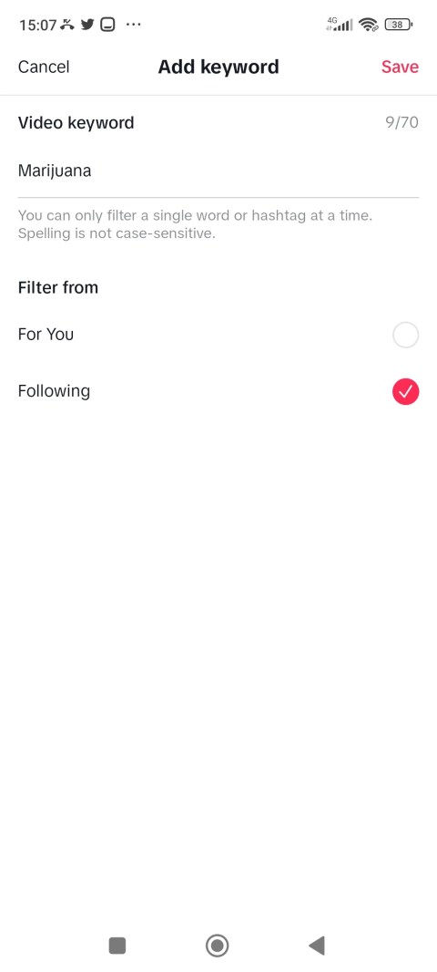Screenshot displaying how to save a filtered keyword on TikTok