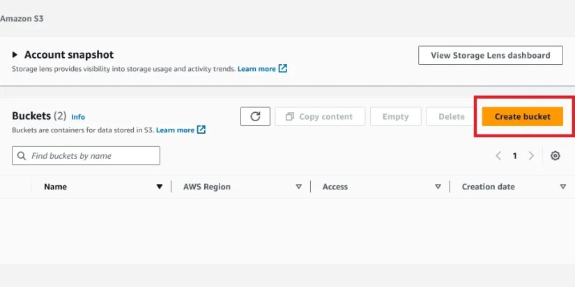 AWS page to create an S3 bucket