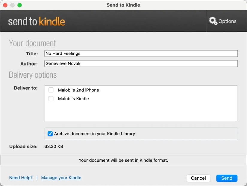 Send to Kindle Document Delivery Window on Mac App
