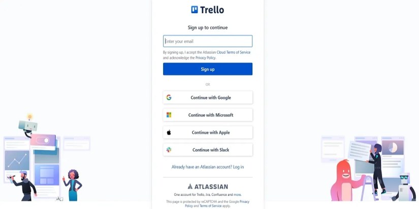 Sign up screen page for Trello