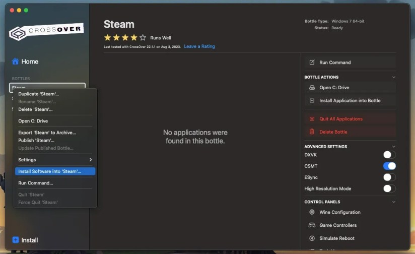 Steam Bottle context menu on CrossOver