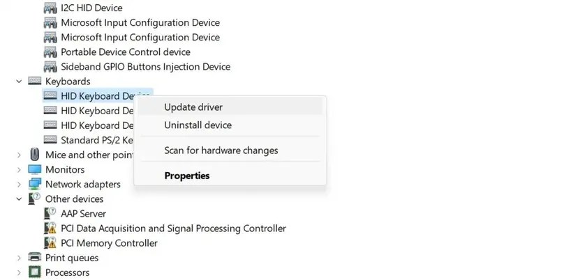Update relevant keyboard driver in windows device manager