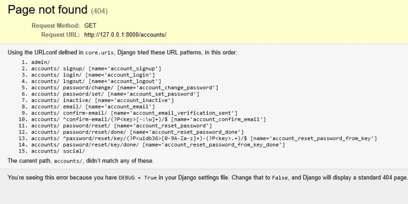 A 404 page in Django DEBUG mode, showing a list of URL patterns available in django-allauth