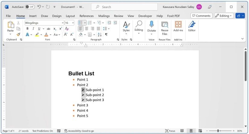 Click a bullet in your sub-bullet list