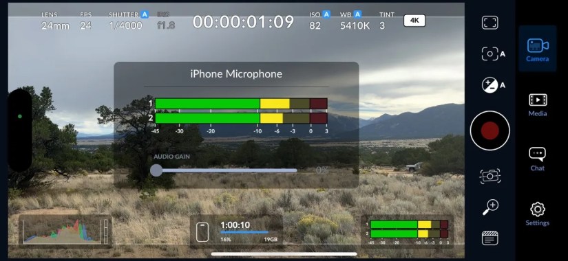 Blackmagic Camera audio levels options