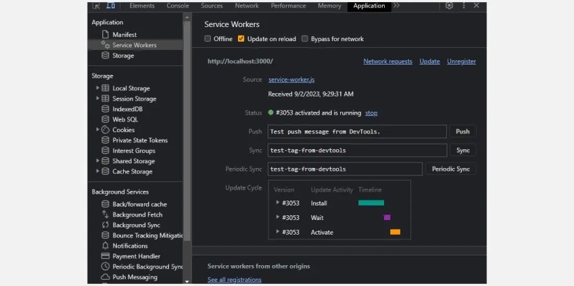 Chrome Developer tools service worker tab showing an installed and active service worker up and running.