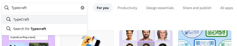 Canva&rsquo;s apps page open with TypeCraft in the search bar