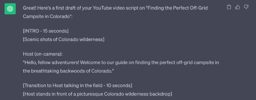 ChatGPT’s first draft of YouTube script