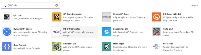Different QR code selections on Canva’s app page