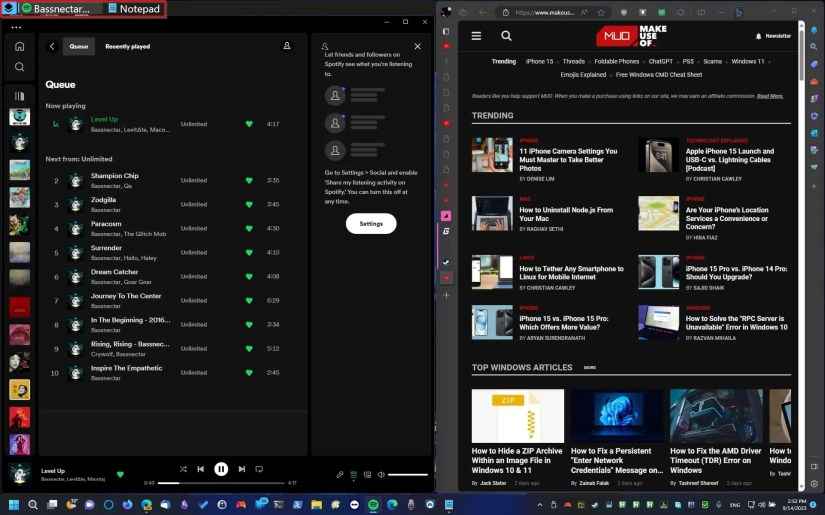 FancyWM Split Vertical Layout with Stacked Spotify Notepad