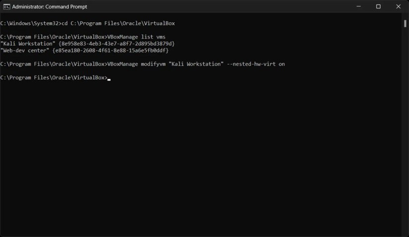 Command Prompt window with VirtualBox CLI commands