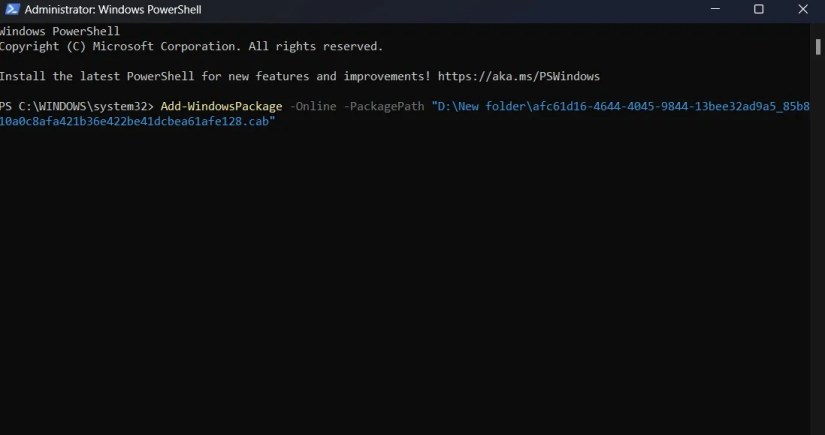 Powershell window with command to install a CAB file