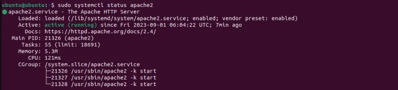 systemctl command in terminal shows that apache server is active