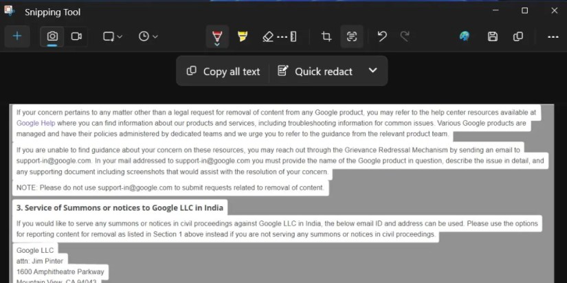 Text Actions Feature Identifying text from Screenshot