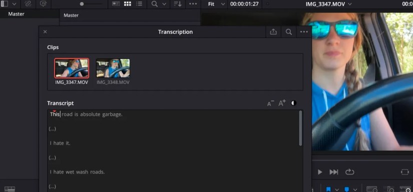 Transcription window on DaVinci Resolve open to show transcript