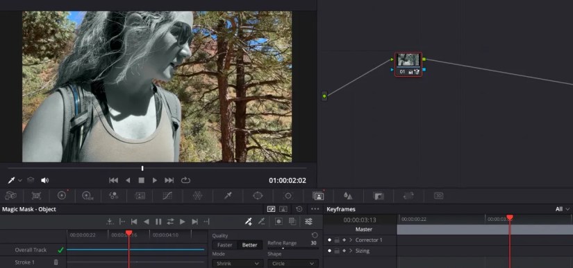 Girl in black and white while background is color from using Magic Mask in DaVinci Resolve