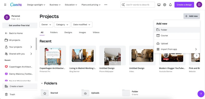 The Option to Add a New Folder in Canva