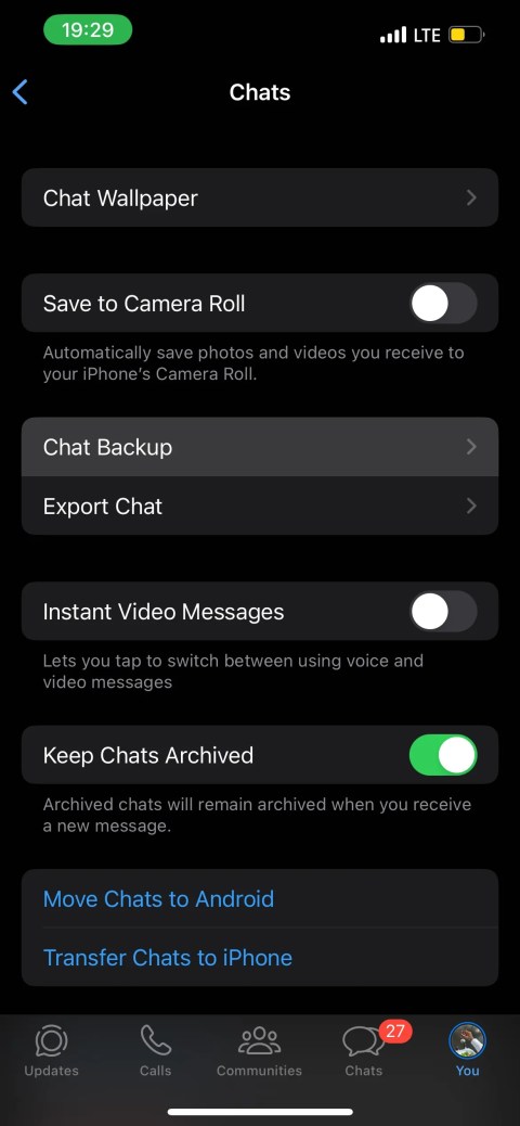 Chats panel in WhatsApp settings on iOS