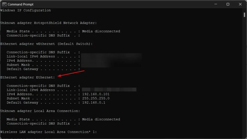 Command Prompt Windows Showing Ipconfig Ethernet Adapter Network Information