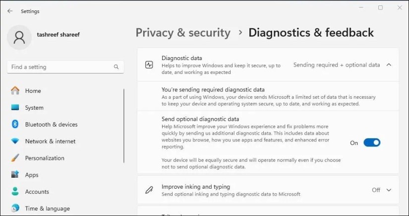 enable send optional diagnostic data windows 11