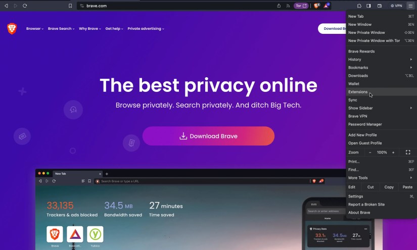 Accessing extensions on Brave browser