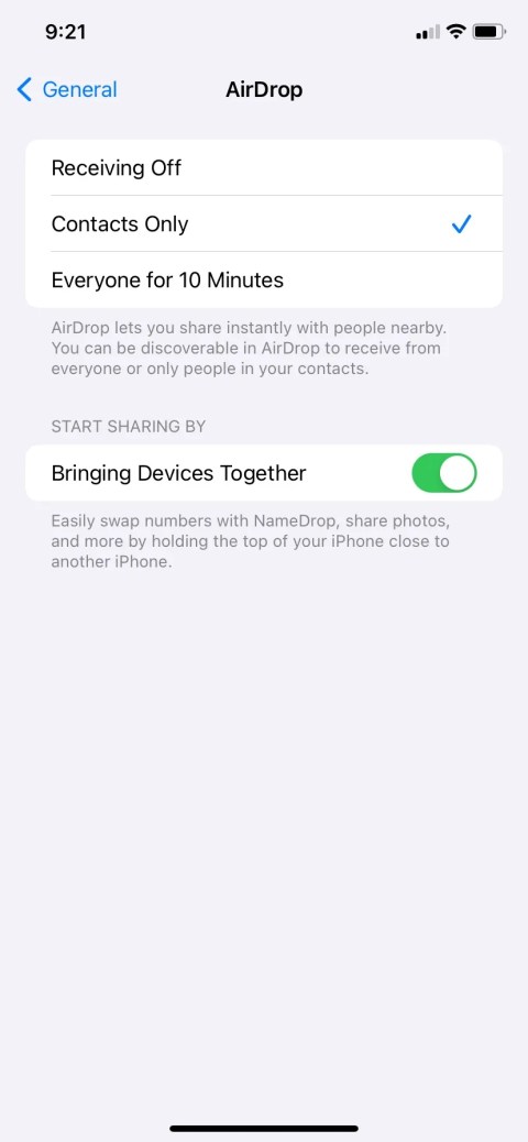 iOS AirDrop Settings open