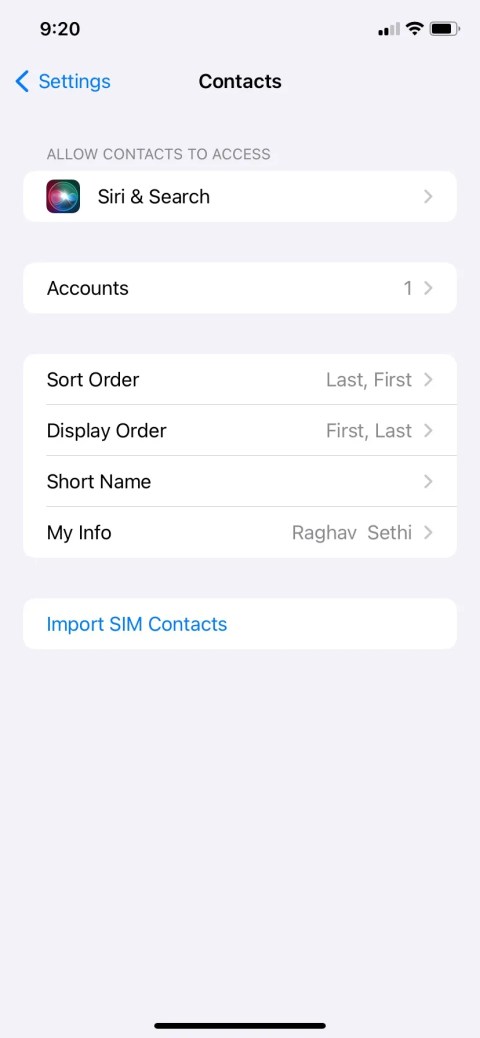 iOS Contacts Settings open