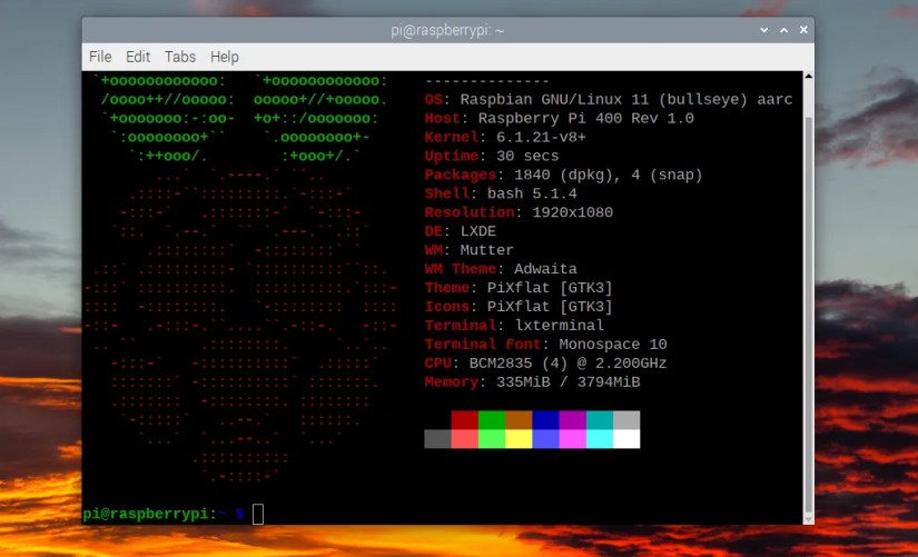 Pi 400 system info shown by neofetch