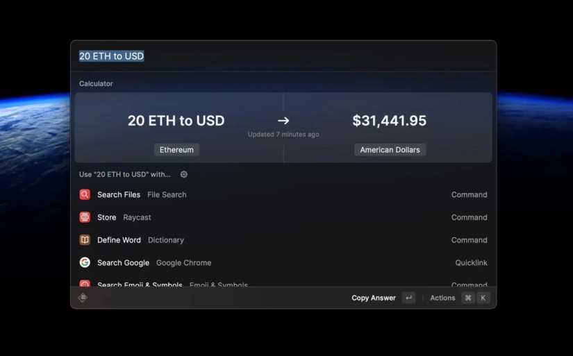 Raycast giving calculation results within its panel